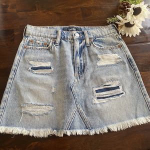 Aero Denim Jean Mini Skirt Size 00 High Rise Blue Wash Distressed Fringe